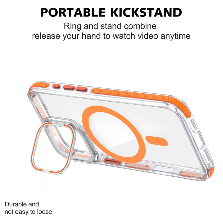 For iPhone 16 Plus Dual-Color Clear Acrylic Hybrid TPU Lens Flip Holder MagSafe Phone Case(Blue)