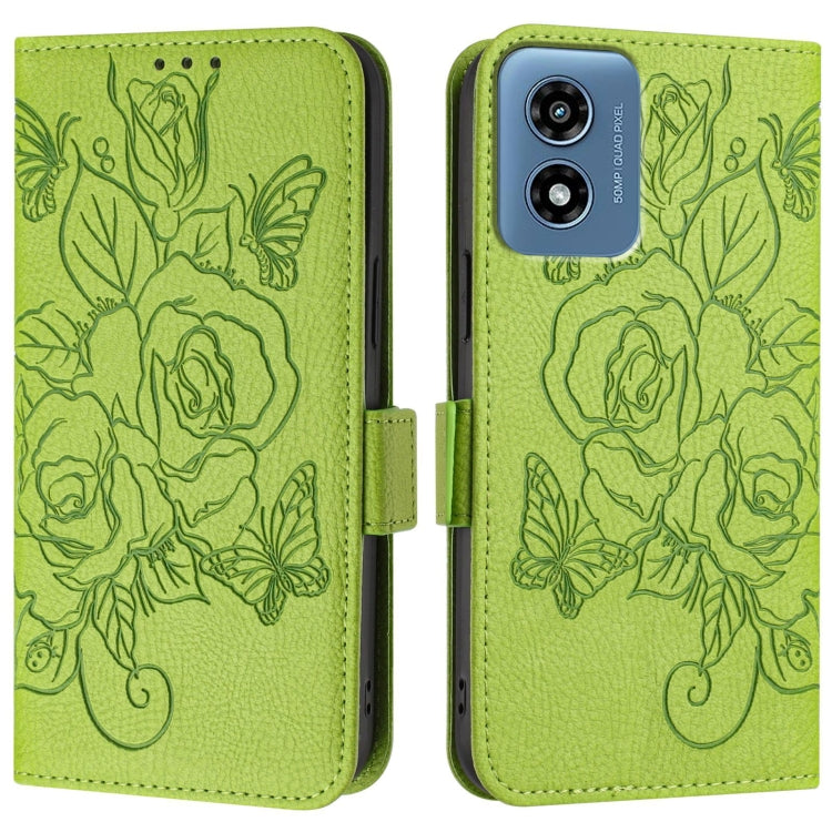 For Motorola Moto G Play 4G 2024 Embossed Rose RFID Anti-theft Leather Phone Case(Green)