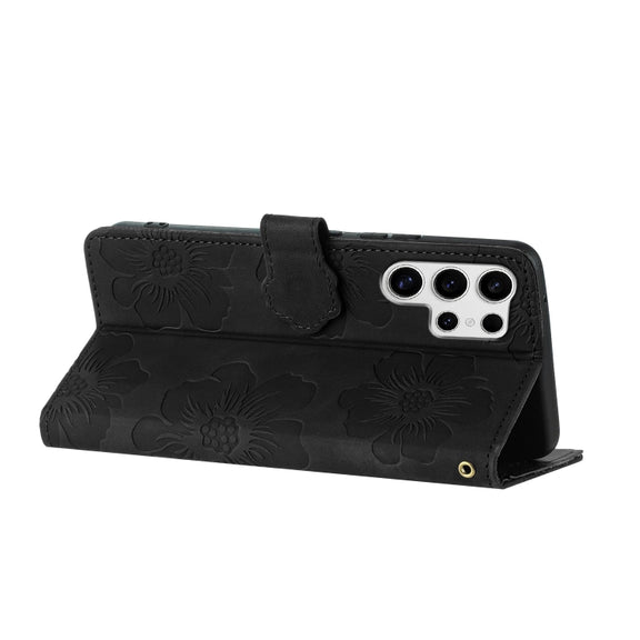 For Samsung Galaxy S25 Ultra 5G Flower Embossing Pattern Leather Phone Case(Black)