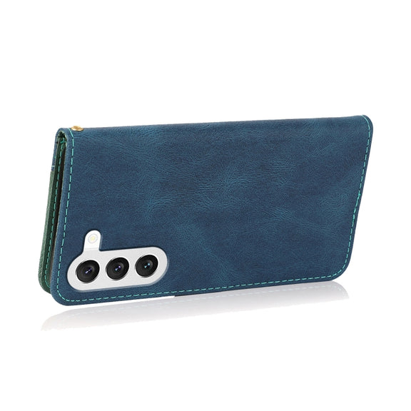 For Samsung Galaxy S25+ 5G Dual-color Stitching Leather Phone Case(Blue Green)