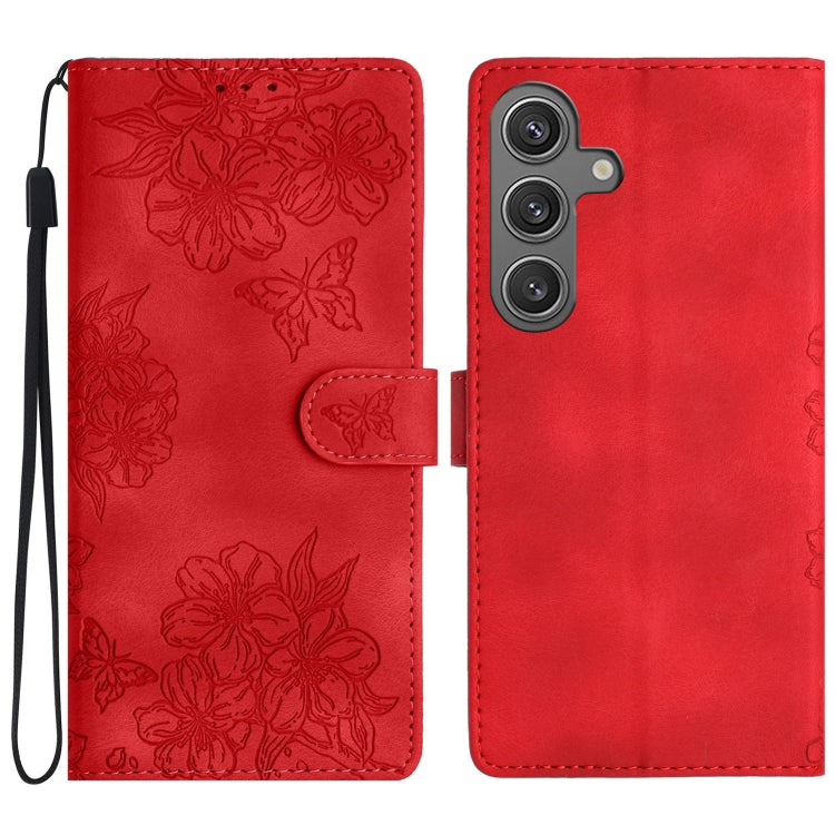 For Samsung Galaxy S25 5G Cherry Blossom Butterfly Skin Feel Embossed PU Phone Case(Red)