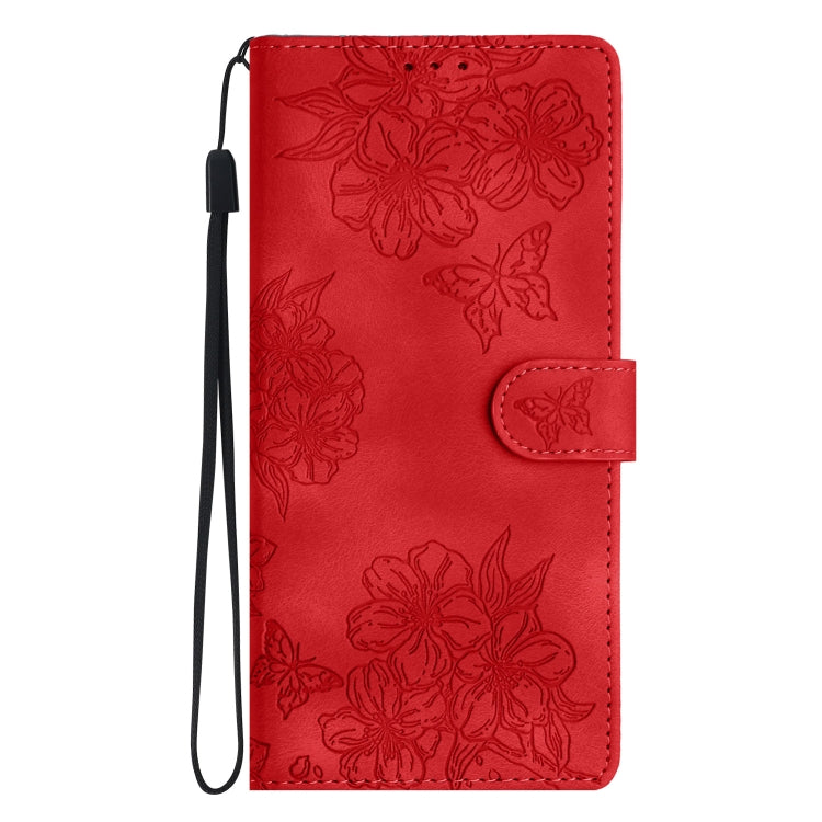 For Samsung Galaxy S25 5G Cherry Blossom Butterfly Skin Feel Embossed PU Phone Case(Red)