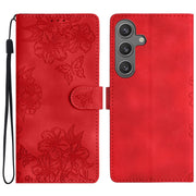 For Samsung Galaxy S25 5G Cherry Blossom Butterfly Skin Feel Embossed PU Phone Case(Red)