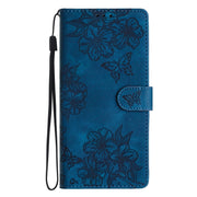 For Samsung Galaxy S25 5G Cherry Blossom Butterfly Skin Feel Embossed PU Phone Case(Blue)