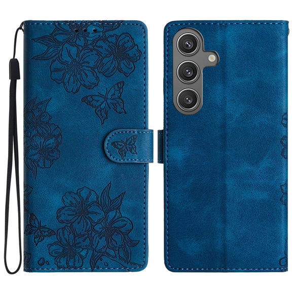 For Samsung Galaxy S25 5G Cherry Blossom Butterfly Skin Feel Embossed PU Phone Case(Blue)