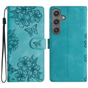 For Samsung Galaxy S25 5G Cherry Blossom Butterfly Skin Feel Embossed PU Phone Case(Green)
