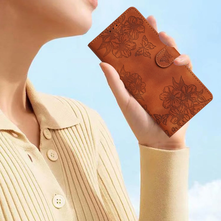 For Samsung Galaxy S25 5G Cherry Blossom Butterfly Skin Feel Embossed PU Phone Case(Brown)