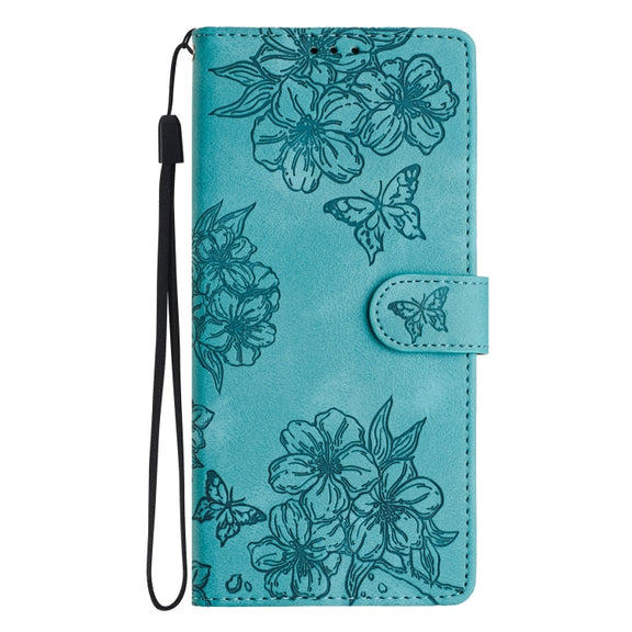 For Samsung Galaxy S25+ 5G Cherry Blossom Butterfly Skin Feel Embossed PU Phone Case(Green)