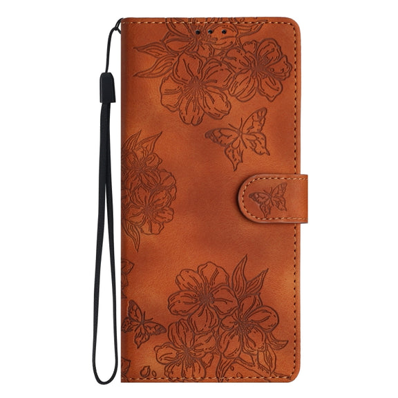 For Samsung Galaxy S25+ 5G Cherry Blossom Butterfly Skin Feel Embossed PU Phone Case(Brown)