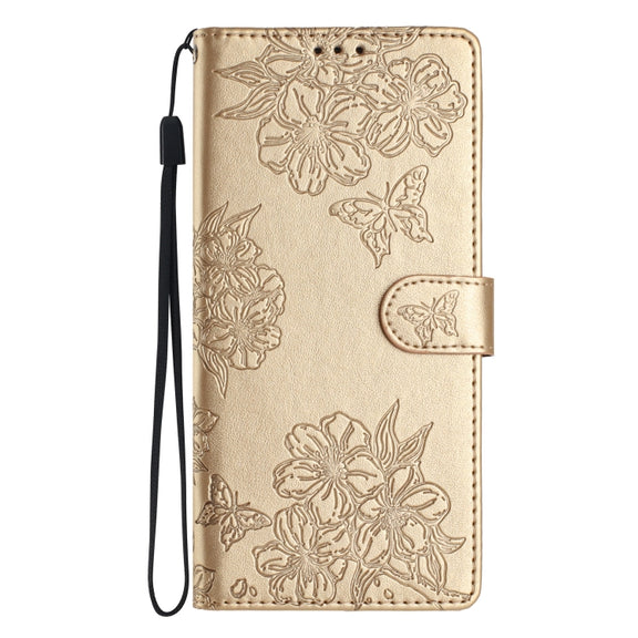 For Samsung Galaxy S25+ 5G Cherry Blossom Butterfly Skin Feel Embossed PU Phone Case(Gold)