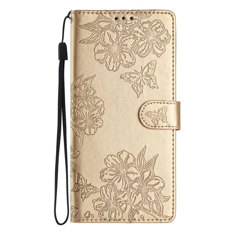 For Samsung Galaxy S25+ 5G Cherry Blossom Butterfly Skin Feel Embossed PU Phone Case(Gold)