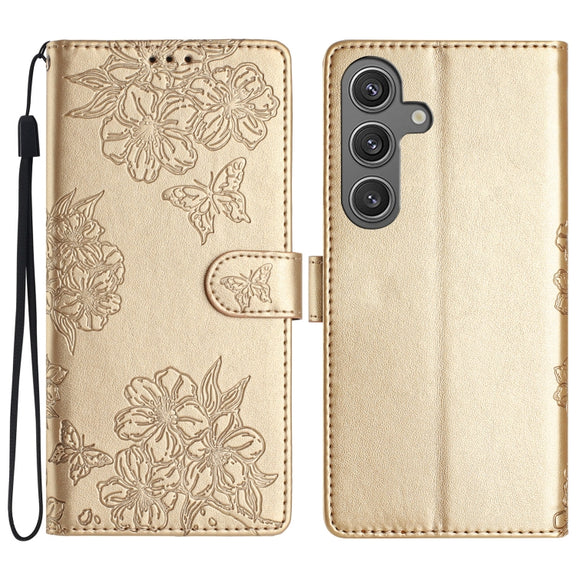 For Samsung Galaxy S25+ 5G Cherry Blossom Butterfly Skin Feel Embossed PU Phone Case(Gold)