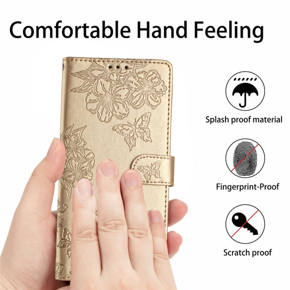 For Samsung Galaxy S25+ 5G Cherry Blossom Butterfly Skin Feel Embossed PU Phone Case(Gold)