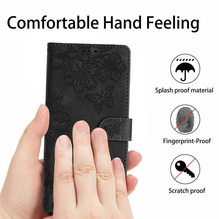 For Samsung Galaxy S25 Ultra 5G Cherry Blossom Butterfly Skin Feel Embossed PU Phone Case(Black)