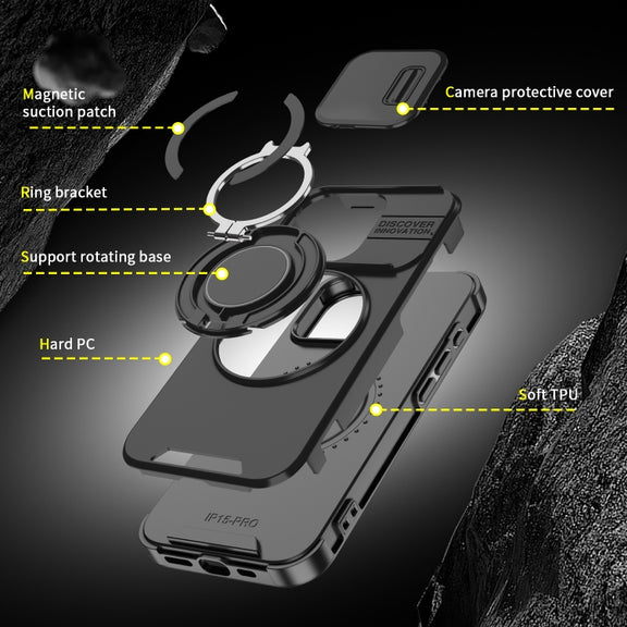 For iPhone 16 Sliding Camshield Ring Holder Phone Case(Black)
