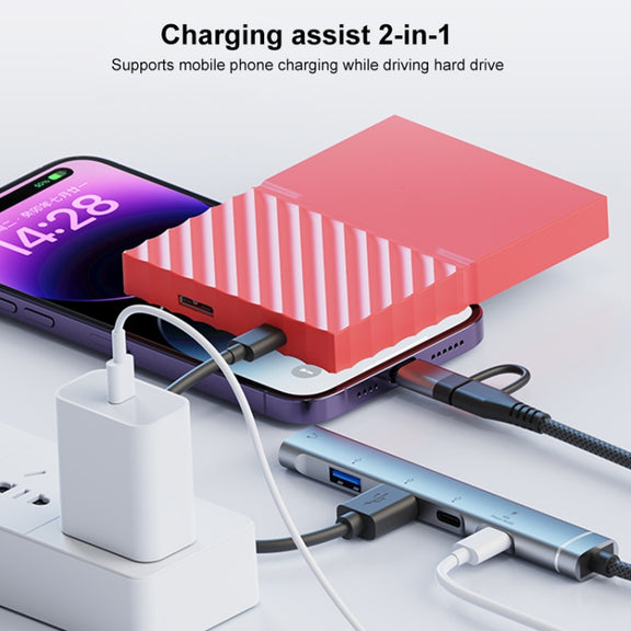 5 in 2 Multi-function HUB Adapter, Interface:USB-C / Type-C + 8 Pin(Silver)