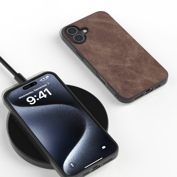 For iPhone 16 Black Frame PU Leather Full Coverage Phone Case(Coffee)