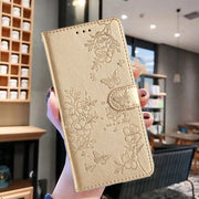 For Ulefone Note 14 Butterflies and Flowers Leather Phone Case(Gold)