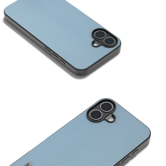 For iPhone 16 Plus ABEEL Black Frame Genuine Leather Elegant Phone Case(Sky Blue)