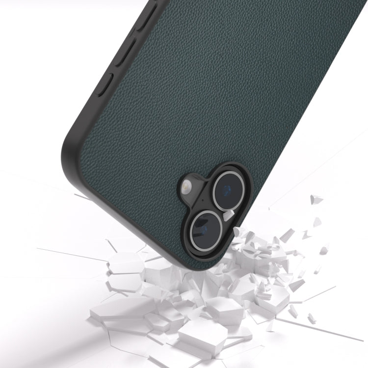 For iPhone 16 ABEEL Black Frame Genuine Leather Elegant Phone Case(Green)
