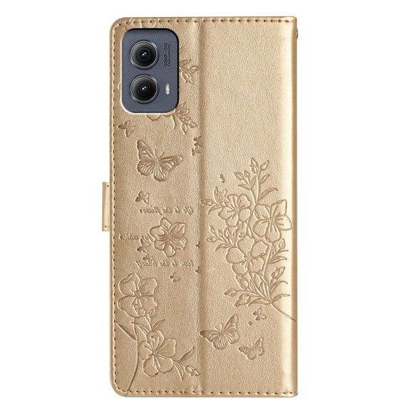 For Motorola Edge 2024 Butterflies and Flowers Leather Phone Case(Gold)