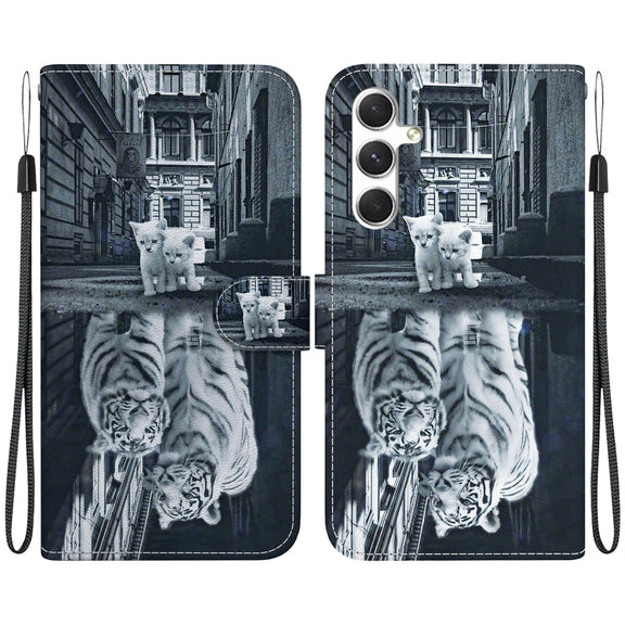 For Samsung Galaxy S25 5G Crystal Texture Colored Drawing Leather Phone Case(Cat Tiger Reflection)