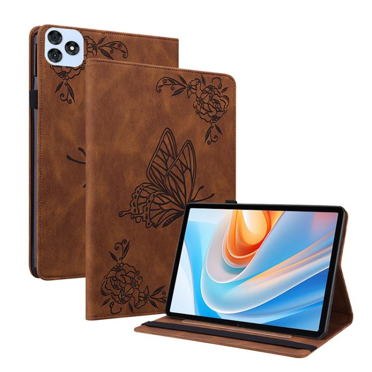 For itel VistaTab 30 Butterfly Flower Embossed Leather Tablet Case(Brown)