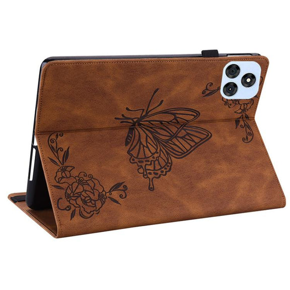 For itel VistaTab 30 Butterfly Flower Embossed Leather Tablet Case(Brown)