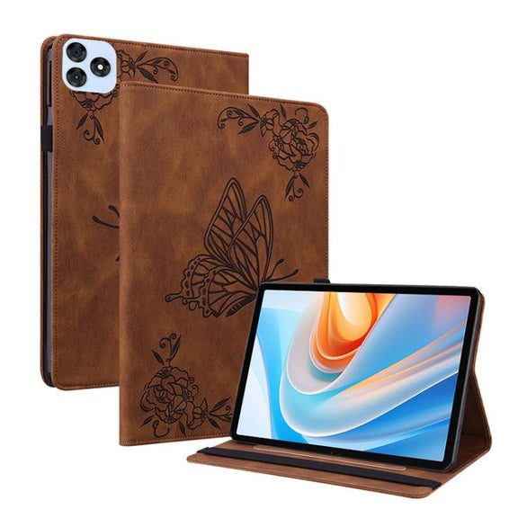 For itel VistaTab 30 Butterfly Flower Embossed Leather Tablet Case(Brown)