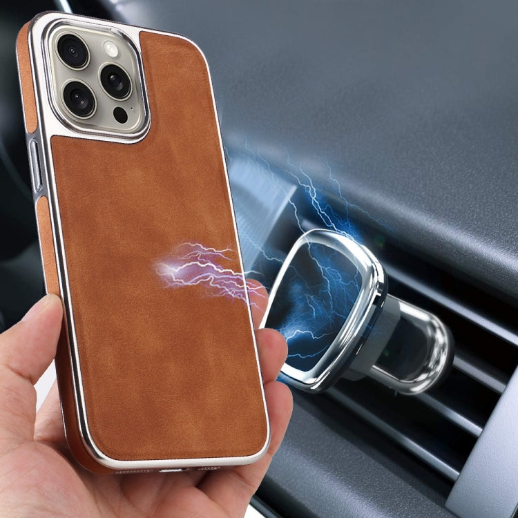 For iPhone 16 Pro Electroplated Side PU Hybrid TPU MagSafe Phone Case(Brown)