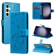 For Samsung Galaxy S25 / S24 5G Cat and Bee Embossed Flip Leather Phone Case(Blue)