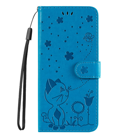 For Samsung Galaxy S25 / S24 5G Cat and Bee Embossed Flip Leather Phone Case(Blue)