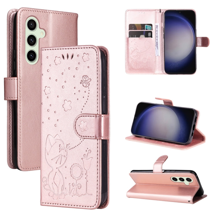 For Samsung Galaxy S25 / S24 5G Cat and Bee Embossed Flip Leather Phone Case(Rose Gold)