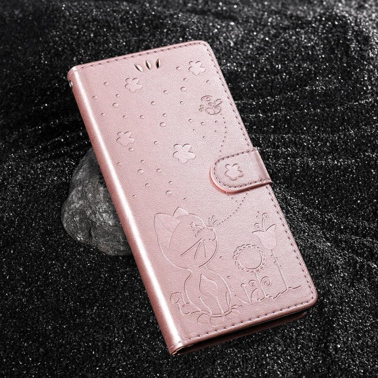 For Samsung Galaxy S25 / S24 5G Cat and Bee Embossed Flip Leather Phone Case(Rose Gold)