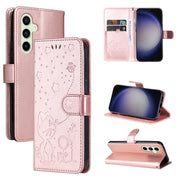 For Samsung Galaxy S25 / S24 5G Cat and Bee Embossed Flip Leather Phone Case(Rose Gold)