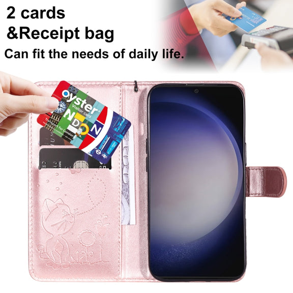 For Samsung Galaxy S25 / S24 5G Cat and Bee Embossed Flip Leather Phone Case(Rose Gold)