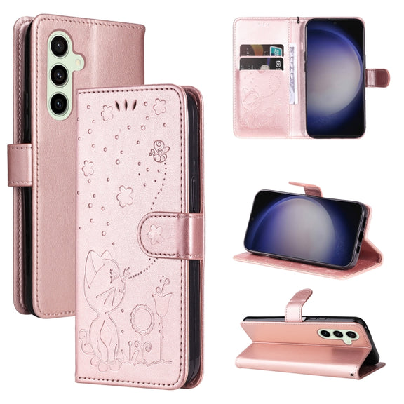 For Samsung Galaxy S25 / S24 5G Cat and Bee Embossed Flip Leather Phone Case(Rose Gold)