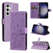 For Samsung Galaxy S25 / S24 5G Cat and Bee Embossed Flip Leather Phone Case(Purple)