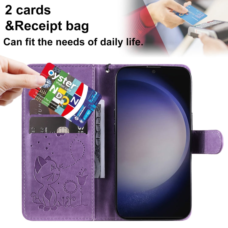 For Samsung Galaxy S25 / S24 5G Cat and Bee Embossed Flip Leather Phone Case(Purple)