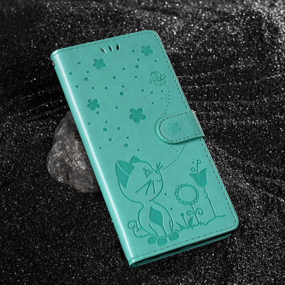 For Samsung Galaxy S25+ / S24+ 5G Cat and Bee Embossed Flip Leather Phone Case(Green)