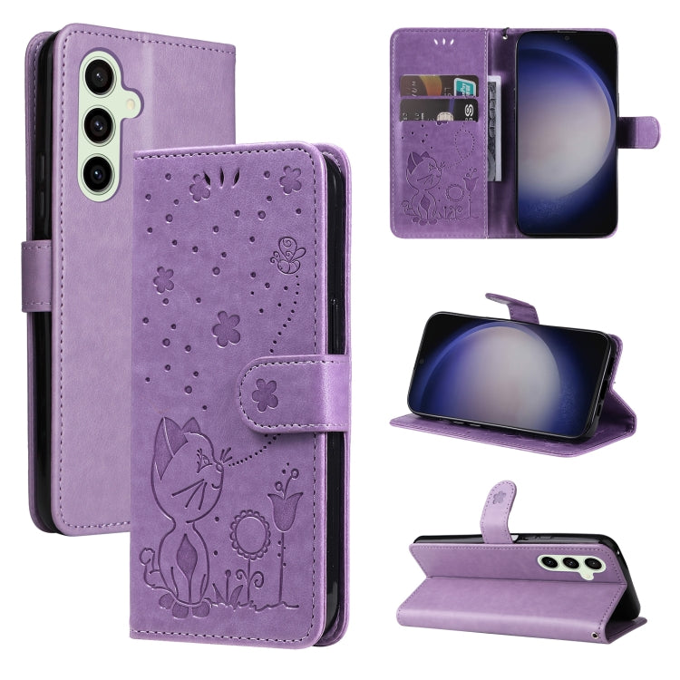 For Samsung Galaxy S25+ / S24+ 5G Cat and Bee Embossed Flip Leather Phone Case(Purple)
