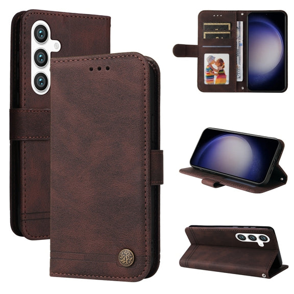 For Samsung Galaxy S25 5G Skin Feel Life Tree Metal Button Leather Phone Case(Brown)