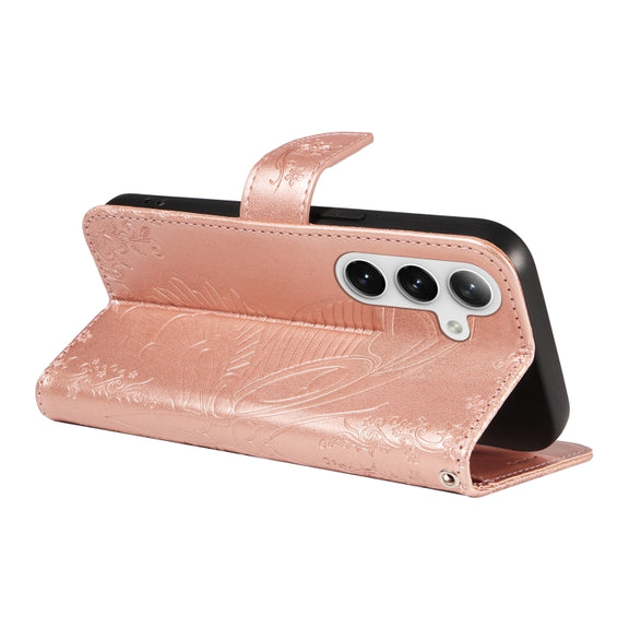 For Samsung Galaxy S25 / S24 5G Swallowtail Butterfly Embossed Leather Phone Case(Rose Gold)