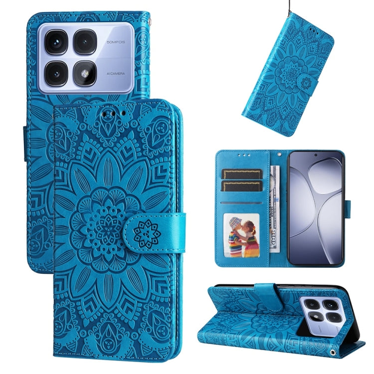 For Redmi K70 Ultra Embossed Sunflower Leather Phone Case(Blue)