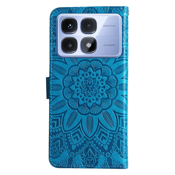 For Redmi K70 Ultra Embossed Sunflower Leather Phone Case(Blue)