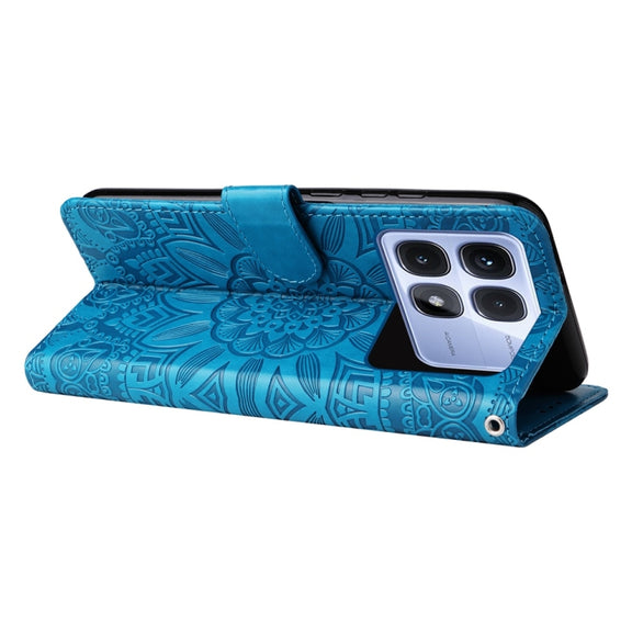 For Redmi K70 Ultra Embossed Sunflower Leather Phone Case(Blue)