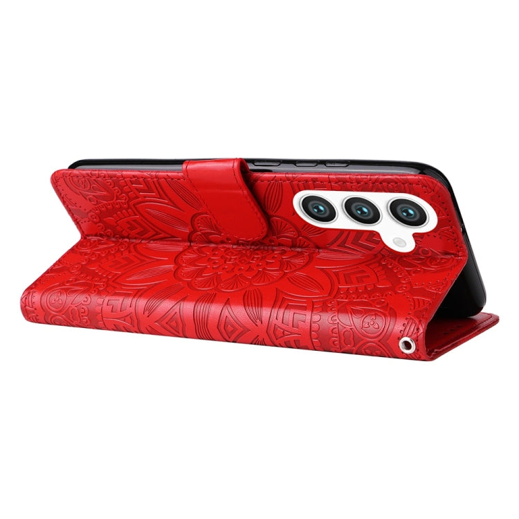 For Samsung Galaxy S25 5G Embossed Sunflower Leather Phone Case(Red)