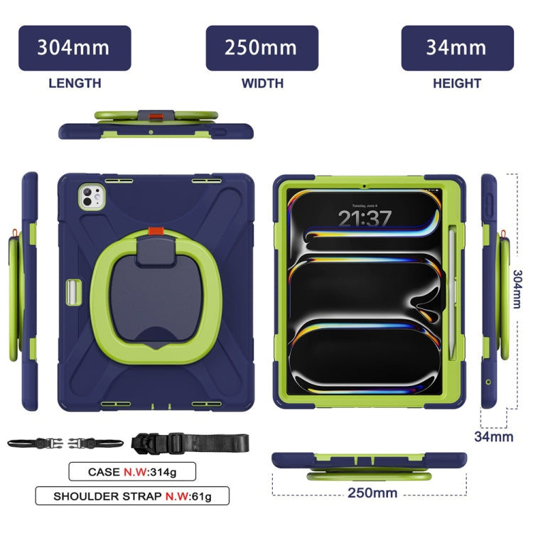 For iPad Pro 13 2024 Silicone Hybrid PC Tablet Case with Holder & Shoulder Strap(Navy Blue Lime)