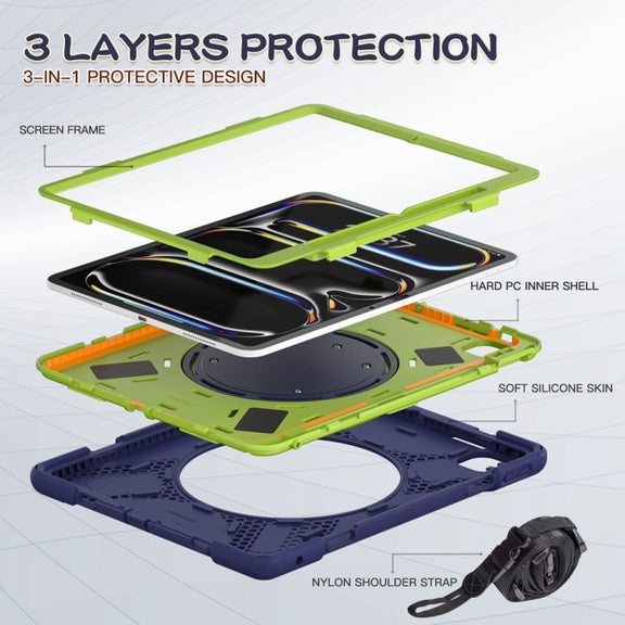For iPad Pro 13 2024 Silicone Hybrid PC Tablet Case with Holder & Shoulder Strap(Navy Blue Lime)
