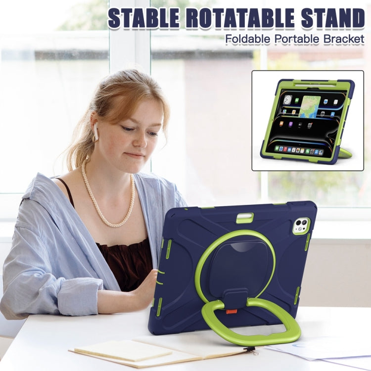 For iPad Pro 13 2024 Silicone Hybrid PC Tablet Case with Holder & Shoulder Strap(Navy Blue Lime)